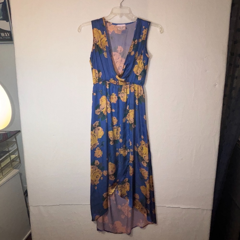 Romeo and Juliet Couture Blue and Yellow Floral High Low Maxi Dress sz small